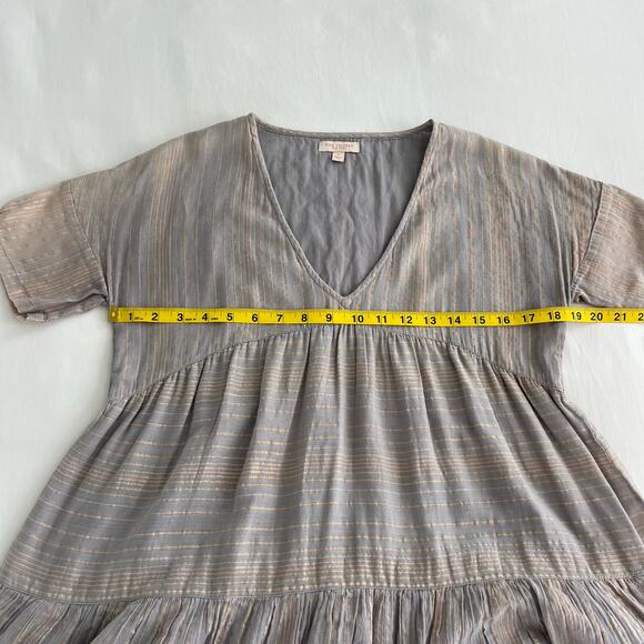 Pink Chicken Tiered V-Neck Neutral Metallic Striped Mini Dress, Size Small - Picture 4 of 11